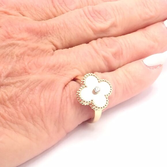 Van Cleef & Arpels Vintage Alhambra 18k Yellow Gold Mother Of Pearl Diamond Ring - Picture 8 of 10